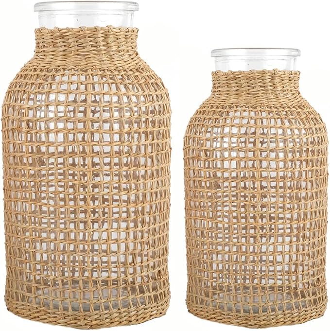 DOITOOL Rattan Vase Boho Woven Glass Vase, Country Rustic Style Wicker Floral Container, Farmhouse Flower Bottle for Floral Arrangements Housewarming Wedding Party Decoration (S+L)