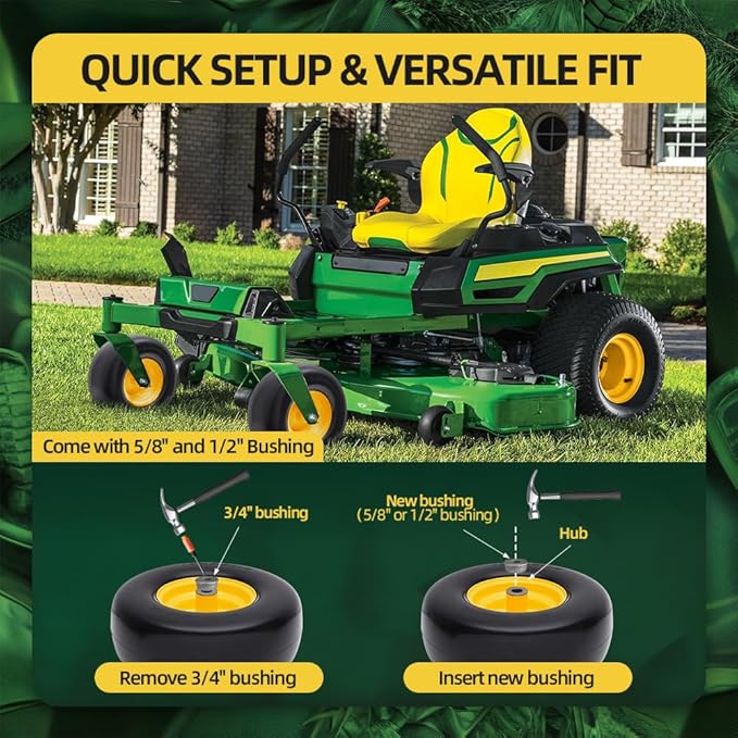 13x6.50-6 Lawn Mower Tires Flat Free with Rim Assemblies (2 Pack),Universal 13x6.5-6 Solid Smooth Rubber Zero-Turn Lawn mowers Tire,5.5"-7.72”Centered Hub and 3/4" extra 5/8" 1/2” Bushings