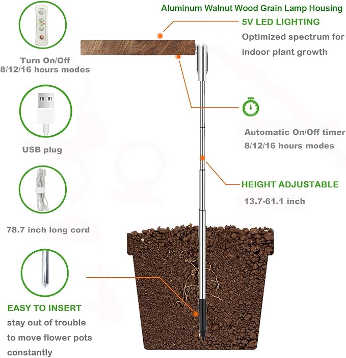 yadoker Plant Grow Light,LED Growing Light Full Spectrum for Indoor Plants,Aluminum Walnut Wood Grain Plant Lights,Height Adjustable, Automatic Timer, 5V Low Safe Voltage