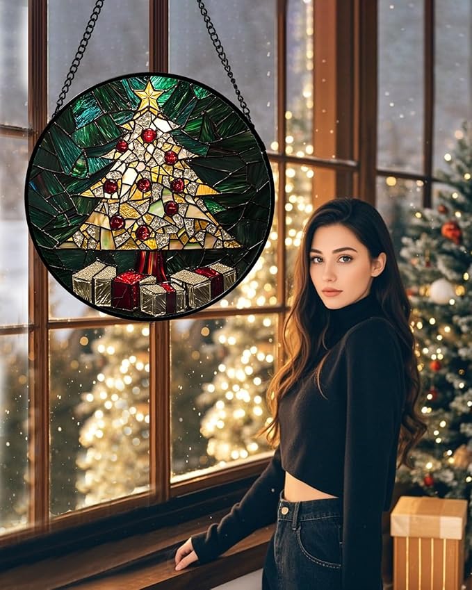 HWRHTR Stained Glass Window Hanging - Golden Christmas Tree Suncatcher for Doors Home Christmas Decoration Winter Sun Catcher Thanksgiving New Year Birthday Gifts for Women Men Mom Nana Girl 11.8 in