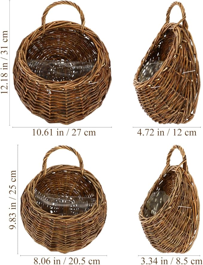 Yardwe Wicker Planter Wall Hanging Flower Pot Set - Rattan Hanging Basket for Indoor Outdoor Garden Decor 2 Pieces 4.7X10.5X4.7 Inches