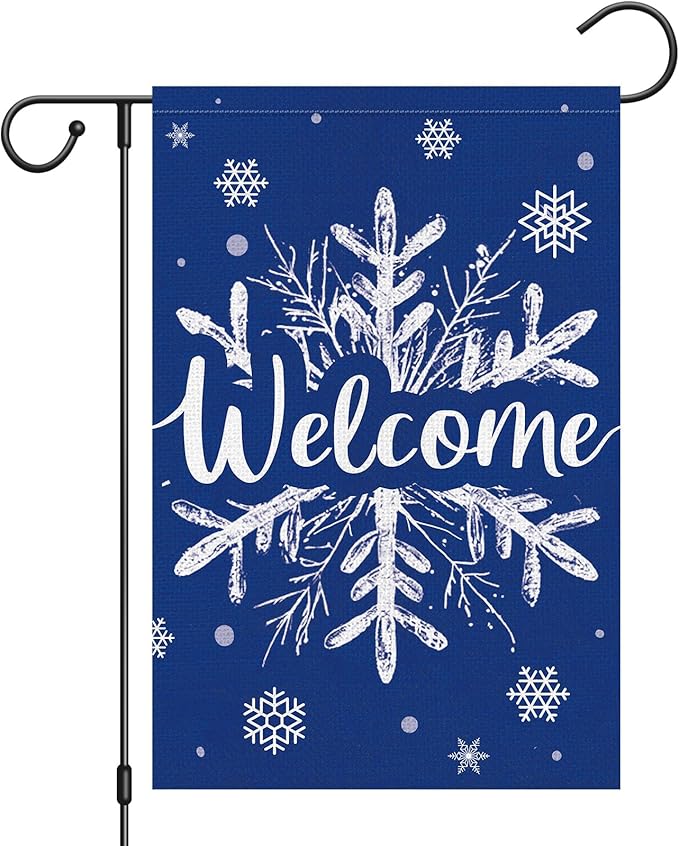 Heyfibro Welcome Christmas Winter Garden Flag 12x18 Inch Double Sided Burlap, Snowflake Yard Banner for Seasonal Holiday Xmas Outdoor Decoration(ONLY FLAG)