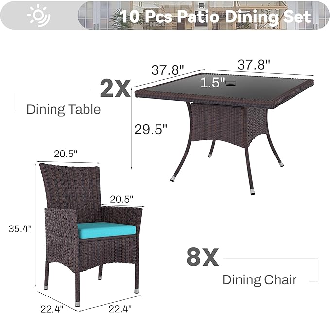 10 Piece Outdoor Dining Set,Rattan Patio Conversation Set of 8 Chairs,Patio Dining Table and Chairs w/Cushions,Square Glass Tabletop,Umbrella Cutout for Patio,Blue