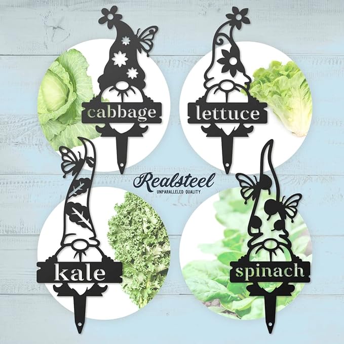 RealSteel Brand, Gnome Plant Markers for Outdoors, Garden Labels Metal Stake, Plant Tags, Garden Sign for Vegetables, Outdoor Decorations, Yard and Gardening Gift - Thyme