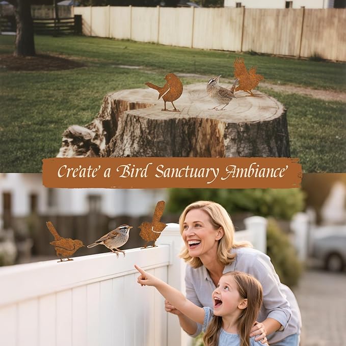 KIFEKKUL 5PCS Rusty Bird Decor, Garden Sculptures and Yard Art, Yard Decorations Outdoor, Metal Bird Wall Decor, Fence Decorations Outdoor, Rustic Garden Decor, Outdoor Statues, Metal Birds Yard Decor