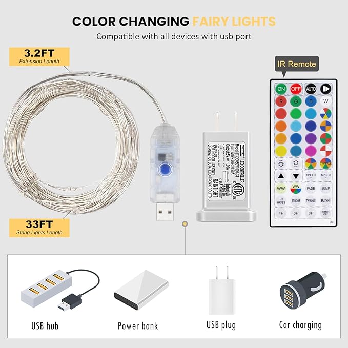 Fairy Lights USB Plug in 33ft 100LEDs with Remote, Warm White 20 Color Changing Light Twinkle Firefly String Lights for Bedroom Party Wedding Christmas Tapestry, Multicolor Colors (USB&Plug)