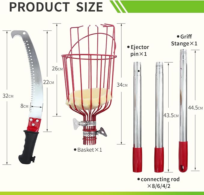 2-in-1 7 FT Pole Saw And Fruit Picker for tree Trimming and Fruit Harvesting, SK5 Blade and High Carbon Steel Fruit Picker For Cutting High Branches And Fruit Grabber, Stainless Steel Pole