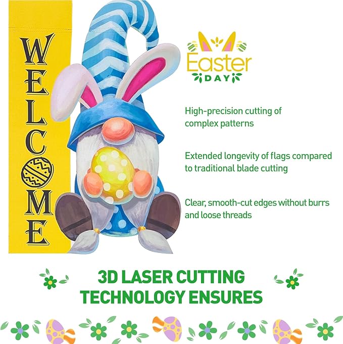 Welcome Easter Gnome Garden Flag, Gnome with Bunny Ears Eggs Blue Yard Outside Decorations, Outdoor Small Vertical Decorative Blackout Flags Double Sided 12 x 18