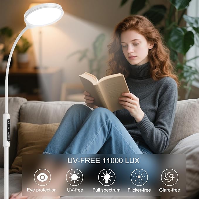Light Therapy Lamp 11000 Lux, 3 in 1 UV-Free LED Sunlight Lamp with 9 Brightness Levels & 7 Color Temperatures, Height Adjustable Floor Light, Full Spectrum Happy Therapy lamp for Home Office Bedroom