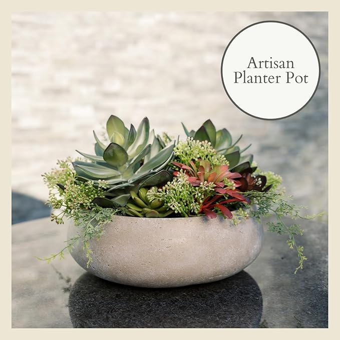 Round Faux Succulent Arrangement, 14" Premium Artificial Indoor Plant Enhances Interior Design, Display on Any Surface in Your Home Adding an Inviting Touch of Nature, Natural Planter Pot Included