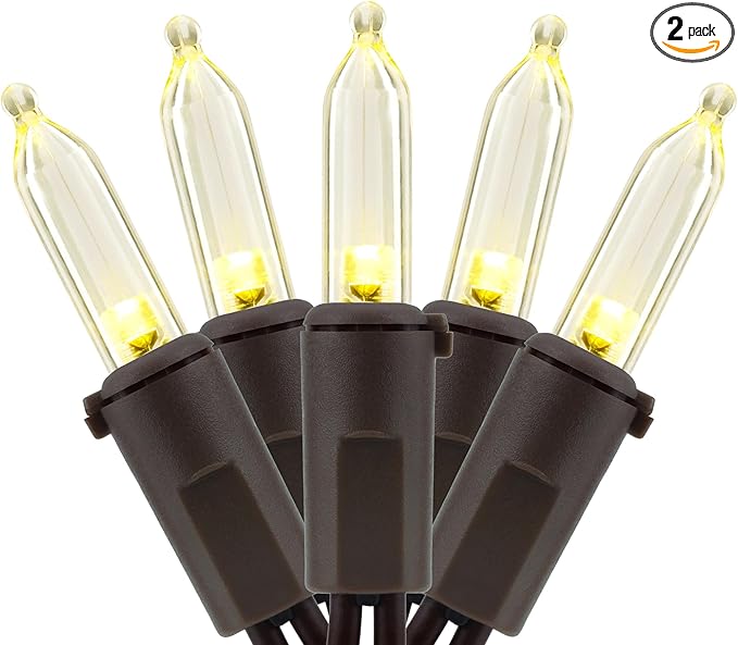 YULETIME 200 Warm White LED Christmas Lights with Brown Wire, Pack of 2 Strands 33 Feet 100 Lights UL Certified Holiday String Light Set