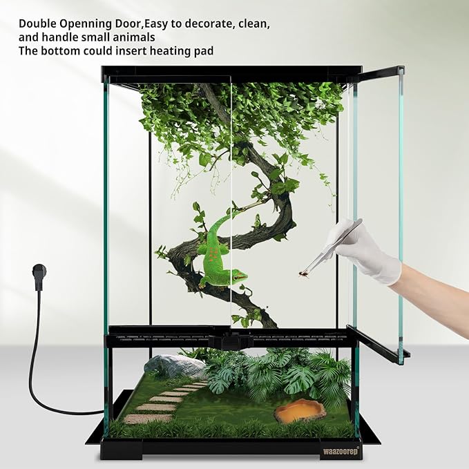 waazoorep 11 Gallon Reptile Glass Tank Vertical Terrarium 12"x12"x18" Habitat Enclosure with Front Openning Door and Top Screen Ventilation for Geckos, Snakes,Tree Frogs,Chameleon