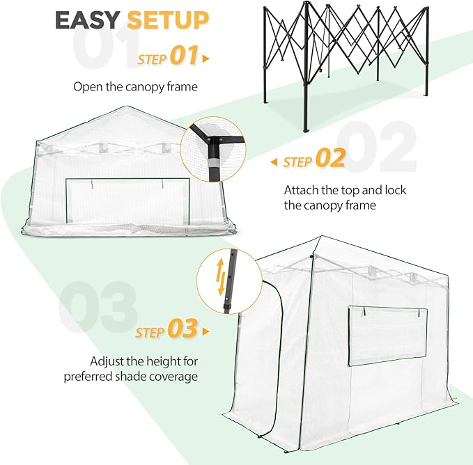 EAGLE PEAK Instant Pop-up Greenhouse, Indoor Outdoor Plant Gardening Green House, Roll-Up Zipper Doors and Side Windows, Lean-to 10x5 ft, PE Cover, White/Clear