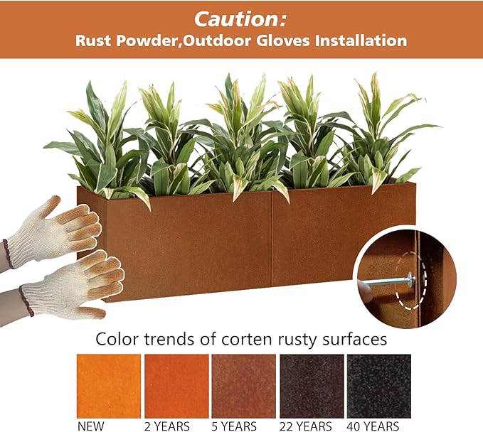 GZLVSOW Corten Steel Corner Metal Planter Box L36 x W12 x D16 Rusted Garden Steel Planter Pot for Patio Modern Farmhouse Rustic Design (L36 x W12 x D16, Rusted)