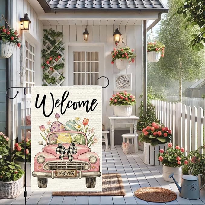 Welcome Easter Garden Flag 12x18 Inch Double Sided Burlap Pink Vintage Car Easter Eggs Flowers Buffalo Check Bow Outdoor Decor for Yard Patio Spring Decor