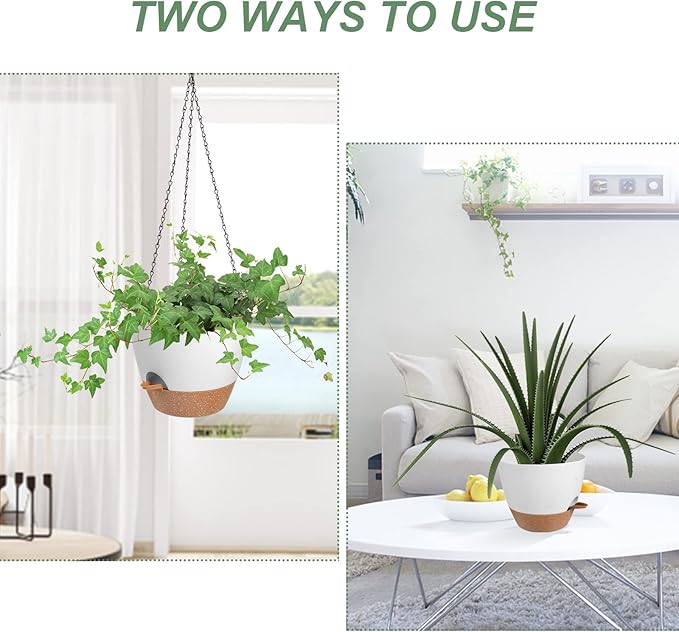 Vanslogreen Hanging Planters for Indoor Outdoor Plants, 2 Pack Self Watering Hanging Pot with Drainage Holes & Removable Tray (White, 10'')