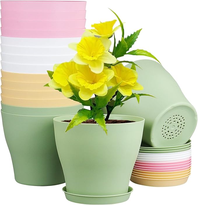 Meowell 6 inch Plastic Nursery Pots, 16 Pack Plant Pots for Small Indoor Outdoor Plants, Flower Pots with Drainage Holes and Saucers, Decorative Seedling Starter Planters for House Plants, Colorful