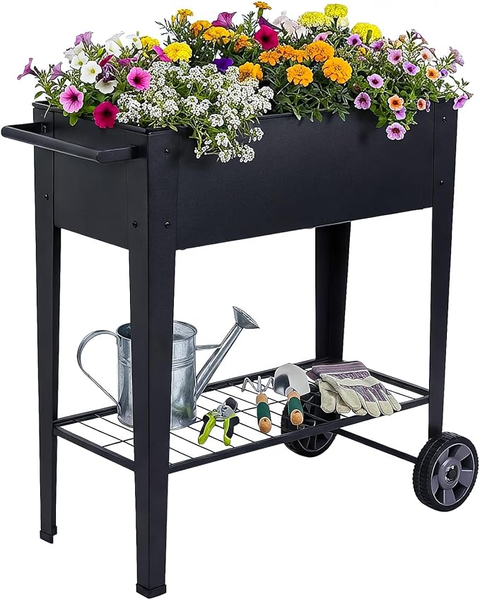 Elevated 32" Tall Raised Garden Bed with Legs and Wheels for Mobility, Metal Planter Boxes Outdoor with Shelf, Raised Bed for Gardening Vegetables/Herbs, Backyard, Patio, Balcony, Black