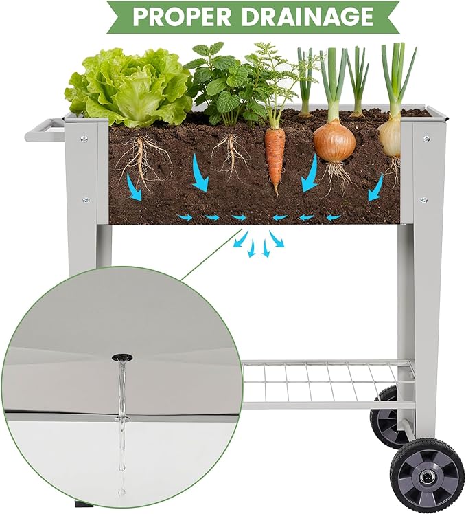 Elevated Raised Garden Bed with Legs- Galvanized Raised Beds for Gardening on Wheels, Anti-Rust Steel Planter Box with Storage Rack& Drain Hole for Backyard Patio Balcony (Grey)
