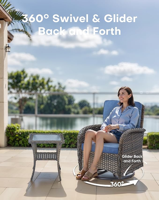 5 Pieces Patio Furniture Set with Fire Pit Table-All Weather Rattan Wicker Outdoor Couch with Outdoor Swivel Chair Outdoor Furniture for Deck Porch Garden Balcony Poolside-Brown/Blue