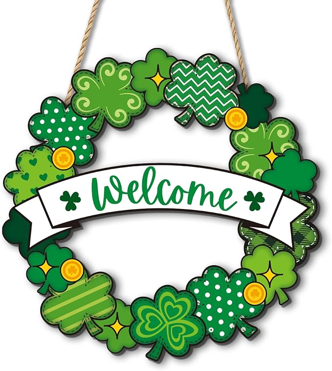 St. Patrick’s Day Decorations, Welcome Shamrock Door Sign, Clover Wooden Hanging Sign, St. Patrick’s Day Shamrock Wreath Door Hanger for Front Door Porch Wall Entryway