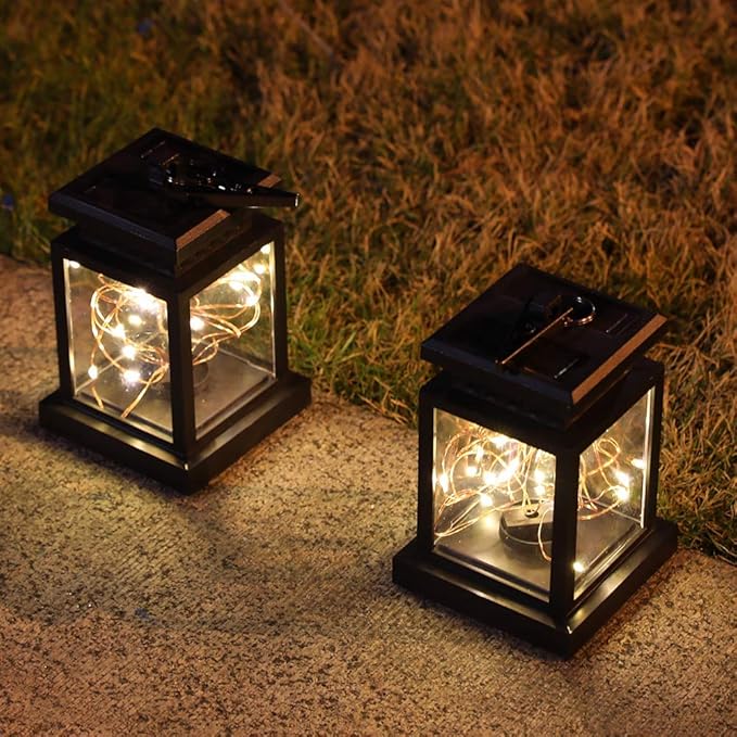 JHY DESIGN Set of 2 Solar Lantern Lights Outdoor Waterproof Solar Powered Table Lamp Hanging Lighting with Warm LED Fairy String Lights for Patio Garden Landscape Decoration Yard Lawn（with Clamp）