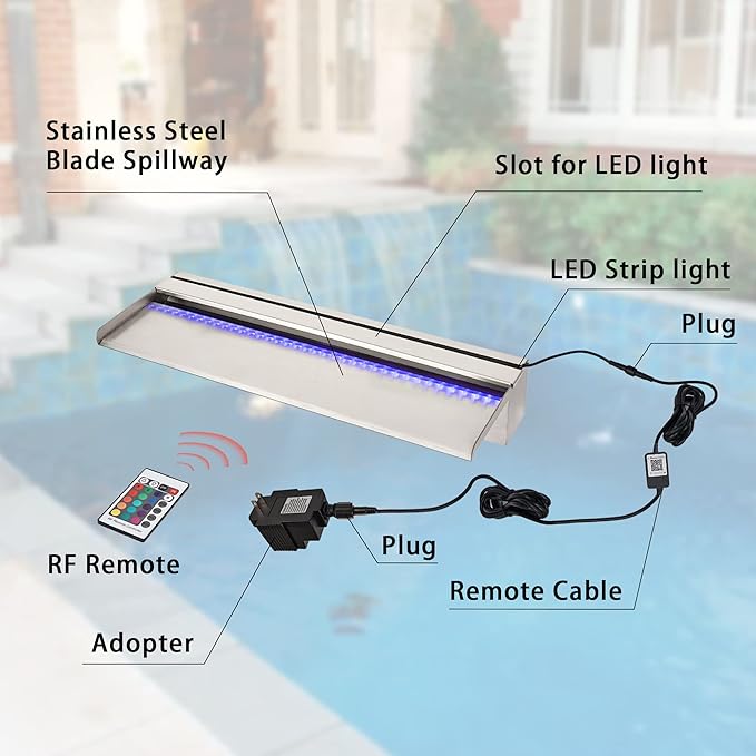 PONDO Pool Waterfall 24" APP with 16 Colors LED Lights, Stainless Steel Pond Fountain Set for Outdoor Decorations, Patio Waterfall Spillway Kit on The Wall for Garden, Easy Installation