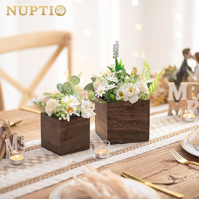 NUPTIO Wooden Box for Centerpiece Wedding: 6 Pcs Rustic Square Planter Box for Christmas Table Fall Decorations - 4×4" & 5×5" Small Wood Vases Flower Pots for Windowsill Home Garden Decor