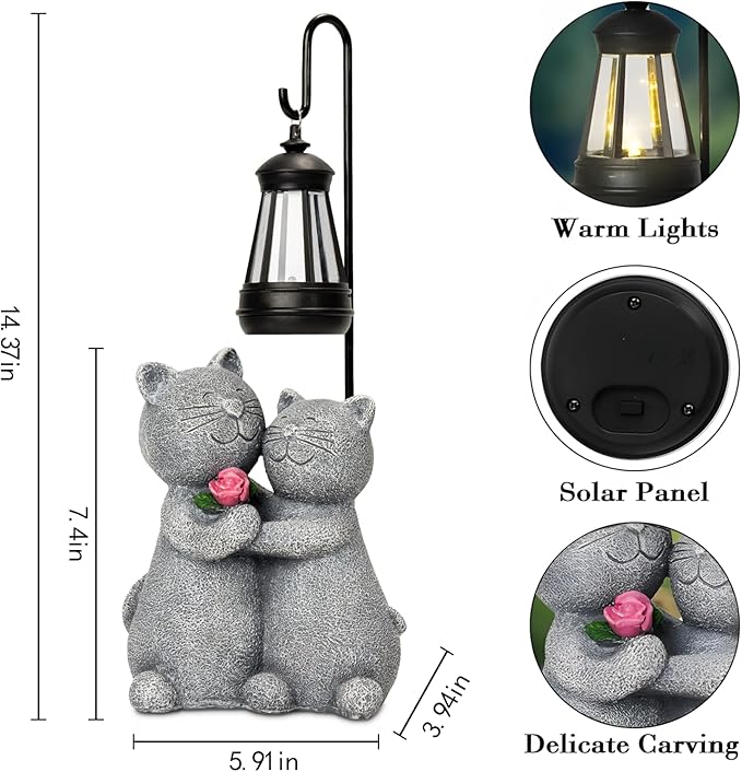 Outdoor Cat Garden Statues with Solar Lantern, Solar Lantern Cat Figurines Decor for Yard, Lawn, Porch & Patio, Unique Housewarming/Birthday Gifts for Women