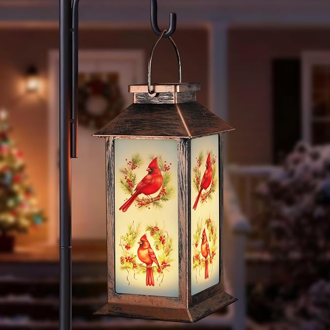 Solar Lanterns with Cardinal Theme Outdoor Waterproof Decorative Lights for Garden Birthday Gifts for Women, Mom, and Grandma Solar LED Hanging Lights for Yard, Patio, Lawn, and Porch(01-Floral Hoop)