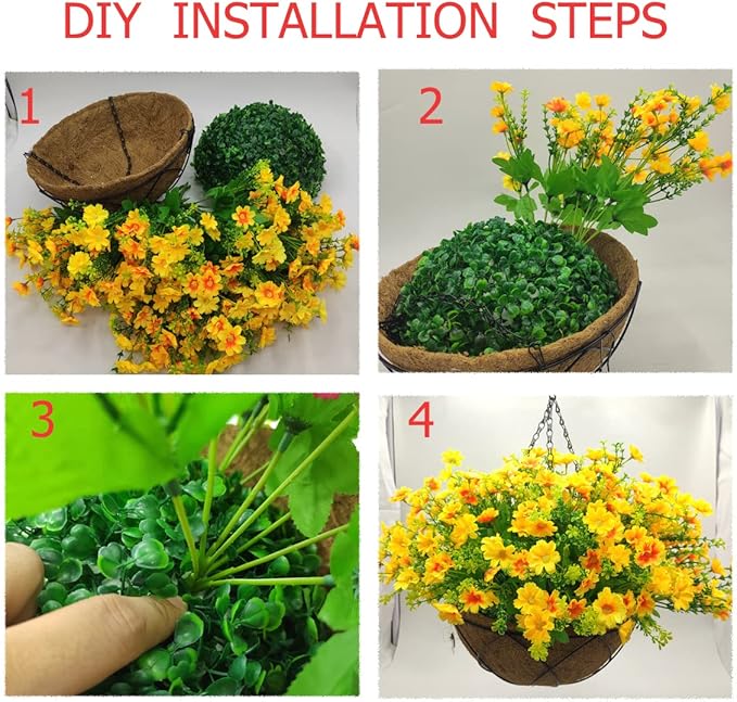 Lamsze Artificial Faux Hanging Plants Flowers Basket for Summer Autumn, Colorful Daisy Flowers Eucalyptus UV Resistant Look Real for Outdoor Outside Porch Decoration
