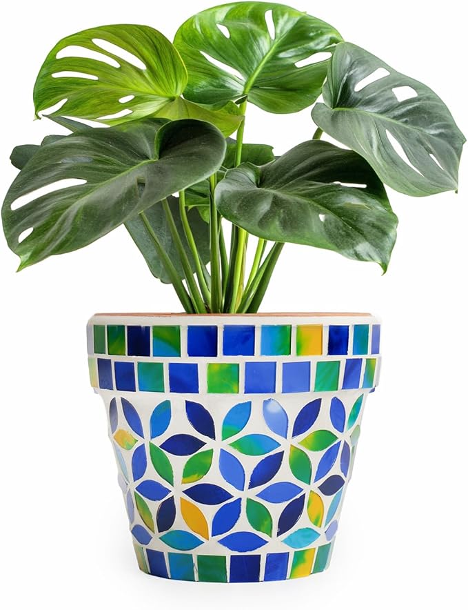 VOREEN Handmade Decorative Mosaic Plant Pot, Small Terracotta Planter with Glass Mosaic Exterior & Drainage Plug, Indoor & Covered Outdoor Accent Flower Pot for Home Décor, Desk, Shelf & Windowsill