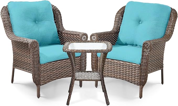 3 Piece Patio Brown Wicker Chairs with Side Table - Outdoor High Back Heavy Duty All-Weather Lawn Dining Rattan Chair Conversation Bistro Set for Deck Porch Balcony Backyard Garden - Turquoise
