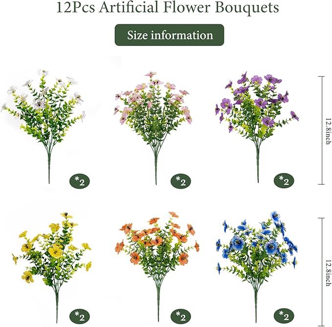 BCBLF Artificial Flowers for Outdoors UV Resistant, 12 Bundles Realistic Silk Flower Faux Fake Plants for Porch Patio Yard Planters, Spring Summer Home Garden Decor, White