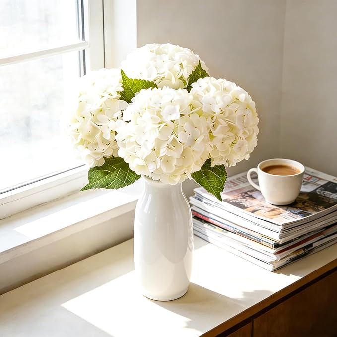 3Pcs 21 Inch White Faux Hydrangea Flowers, 3D Moisturizing Real Touch Latex Fake Flowers with Stems, for Wedding Bouquets Home Table Centerpieces Party Decor (White)