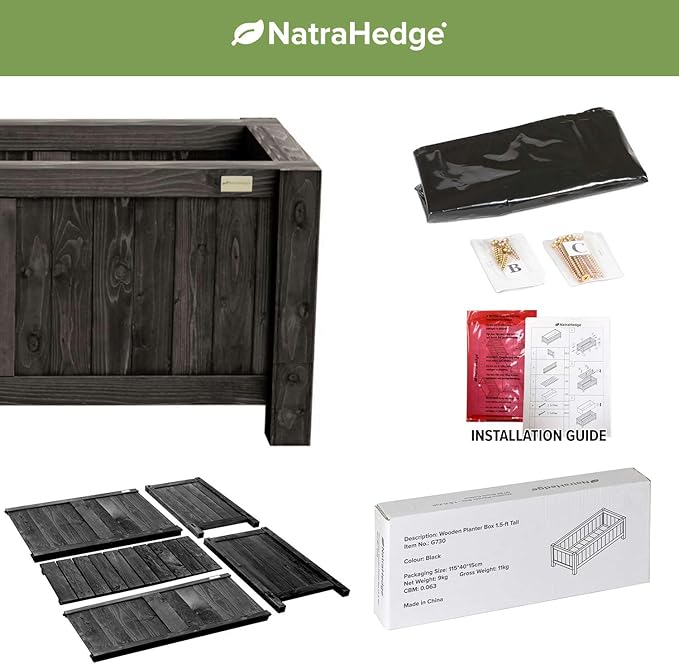 NatraHedge (44" Lx 15" W x 15" H (Black) Hampton Classic Wooden Planter Box Indoor and Outdoor Rectangular Garden Planter Use for Patio, Yard, Greenhouse, Vegatable, Flowers, and Herb