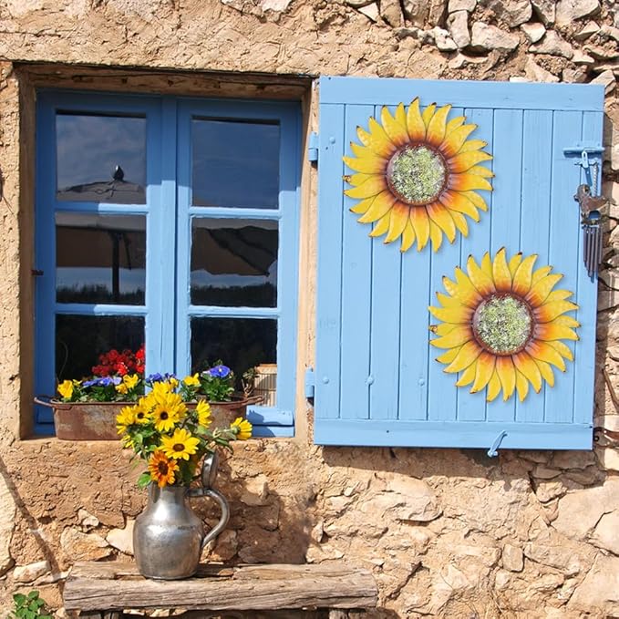 hogardeck Metal Sunflower Wall Decor - 2 Pcs 6'' Metal Flower Wall Art Outdoor Backyard Decorations Sunflower Kitchen Bathroom Decor Hanging for Indoor, Outdoor, Living Room, Bedroom