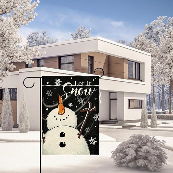 Artofy Winter Snowman Black Small Decorative Garden Flag, Let It Snow Snowflake Yard Lawn Outside Decor, Christmas Seasonal Burlap Outdoor Home Decoration Double Sided 12 x 18