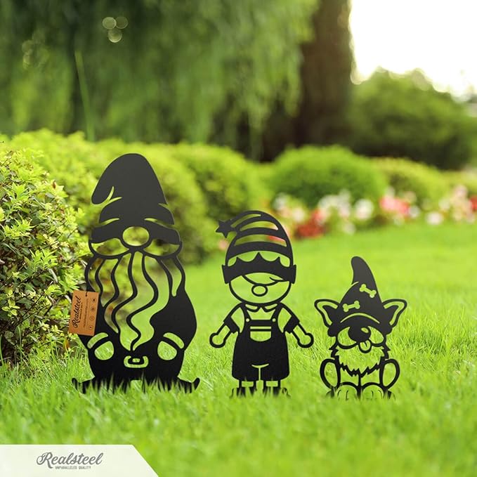 RealSteel Build Your Gnome Family Garden Stakes – Custom Metal Yard & Lawn Decor – Farmhouse Outdoor Garden Gnomes – Choose Your Set - Unique Gift - Small Cat
