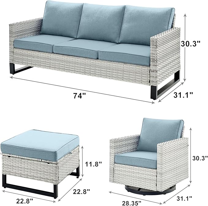 Rilyson Wicker Outdoor Patio Furniture Set - 5 Piece Patio Conversation Set with 2 Swivel Rocker Chairs,2 Rattan Ottoman and 1 Couch for Outside Porch Deck Backyard Garden(Light Grey/Sky Blue)