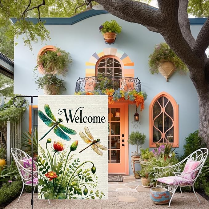 Hello Spring Summer Tulip Dragonfly Garden Flag 12x18 Inch Double Sided Burlap Seasonal Wildflowers Outdoor Lawn Rustic Farmhouse Home Yard Flags Decor