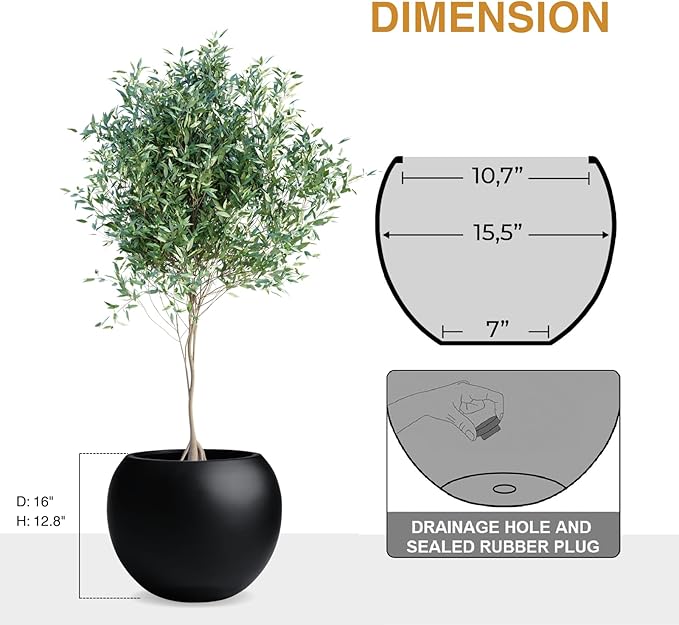 KUTE NEST 12.8" H x 16" D Globo Fiberstone Round Planter with Drainage Hole, Smooth Finishes, Weather Resistant for Indoor and Outdoor Use, Included 2 Extra Coco Mats (Black, 10.7" Pot Opening)