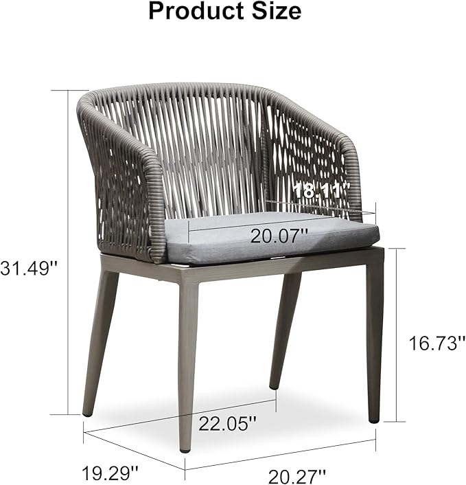 PURPLE LEAF 2 Pieces Outdoor Dining Chair All-Weather Wicker Aluminum Frame Patio Dining Chair for Lawn Garden Backyard Deck with Cushion, Grey Armchair