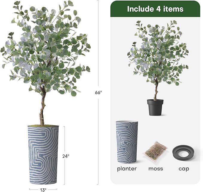 Artificial Tree in Contemporary Geometric Pattern Planter, Fake Eucalyptus Silk Tree for Indoor and Outdoor Home Decoration - 66" Overall Tall (Plant Pot Plus Tree)