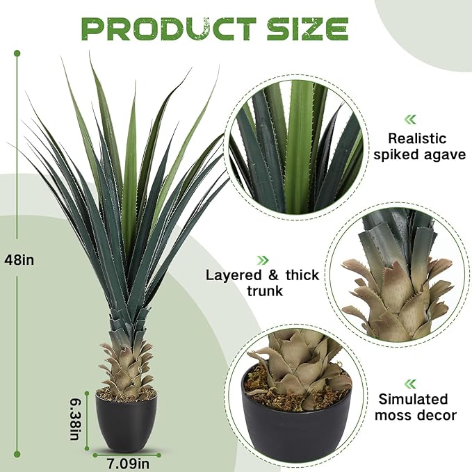 Giegxin 2 Pieces 4ft Tall Artificial Spiked Agave Plant Potted Faux Agave Plants 48'' UV Resistant Large Realistic Artificial Greenery Outdoor Indoor for Housewarming Gift House Garden Bathroom
