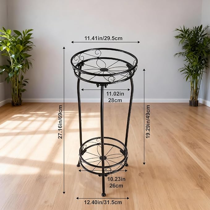 Decivems 2 Tier Tall Plant Stand Indoor Outdoor, 27in Corner Metal Wrought Iron Large Tiered Plant Shelf Holder Flower Pot Display Stands for Garden Patio (Black)