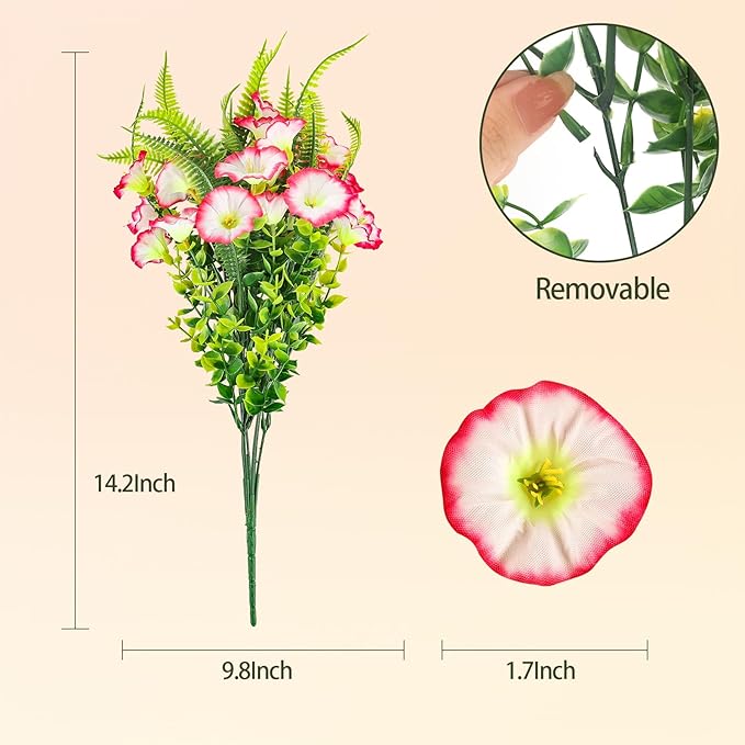 HIAGROW Artificial Flowers Outdoors 12 Bundles Pink Artificial Petunias Fake Flowers UV Resistant Shrubs Plants with Fern for Indoor Outside Hanging Planters Home Garden Summer Decorations