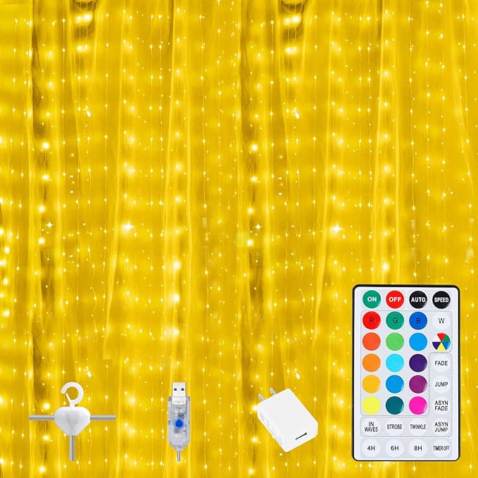 16 Colors Changing Curtain Lights - 250 LED 9.8 X 8.8 FT Fairy String, USB Powered, 7 Modes Twinkle with Remote, Backdrop Wall Hanging Dripping for Bedroom Backyard Christmas Halloween Decor