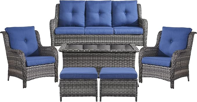 Belord Patio Wicker Sofa Set 6 Pieces Patio Furniture Set Outdoor Couch, 2 Patio Wicker Chairs with 1 Sofa, Coffee Table and Ottomans, Patio Conversation Set for Porch Garden Deck Balcony Poolside