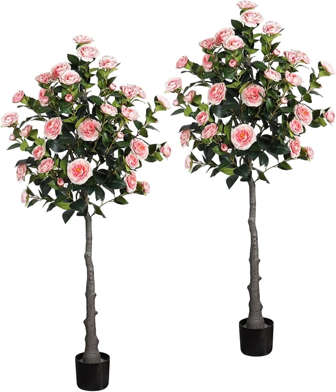 4.9FT Artificial Camellia Tree Outdoor - 40 Flowers, Pink Faux Potted Plant, Indoor Outdoor Decor for Home, Office, Porch, Patio, Pack of 2